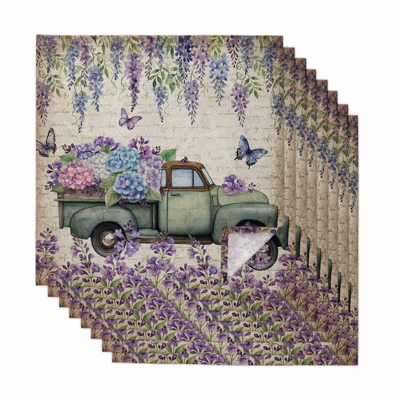 Purple Flowers Cloth Napkins, Vintage Weeping Spring Floral Truck Butterfly Retro Washable and Reusable Dinner Napkins Set of 8, Table Napkin for Kitchen Party Birthday Wedding Hotel 20"x20"