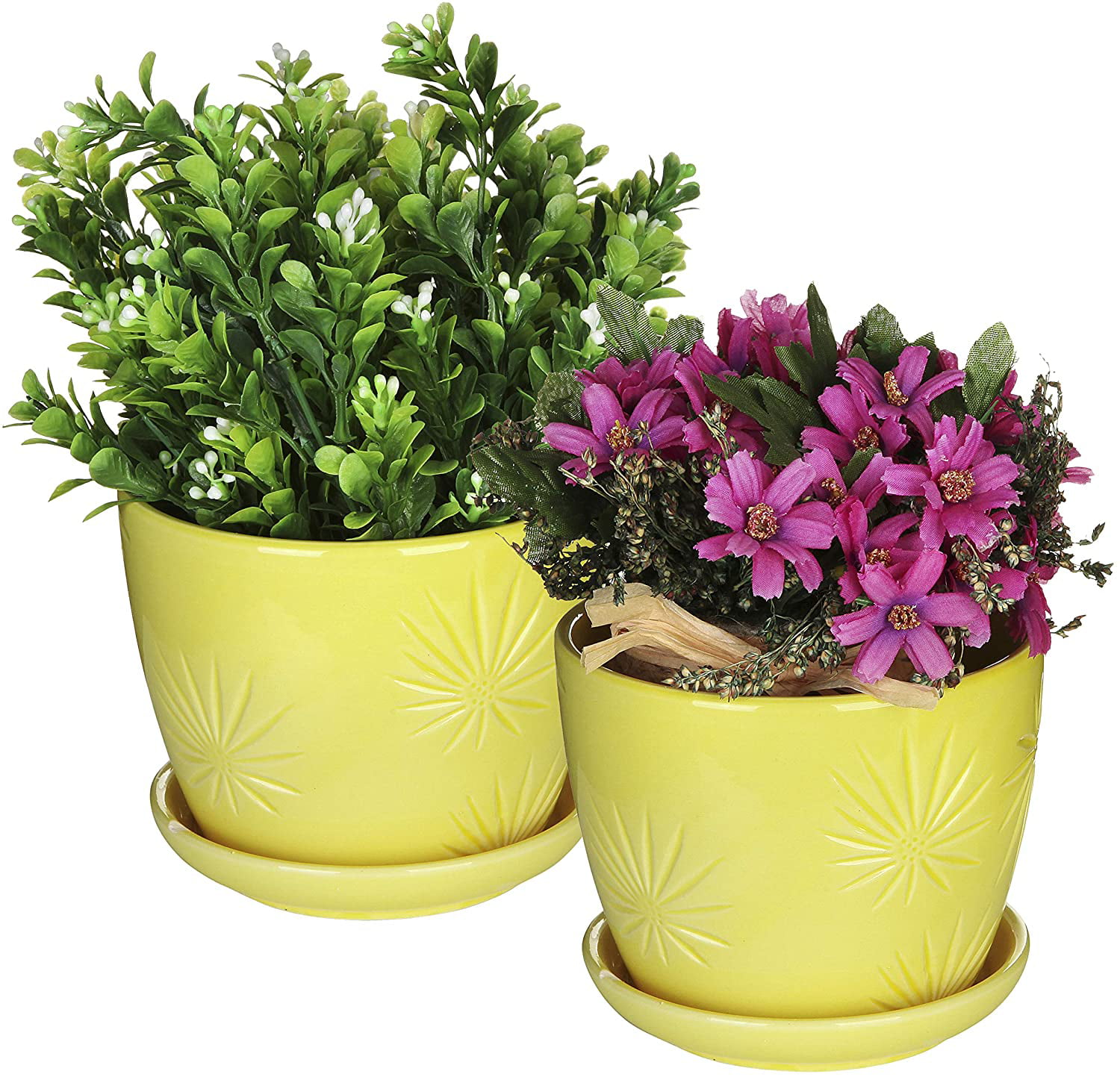 MyGift Set of 2 Yellow Sunburst Design Ceramic Flower Planter Pots with Saucers