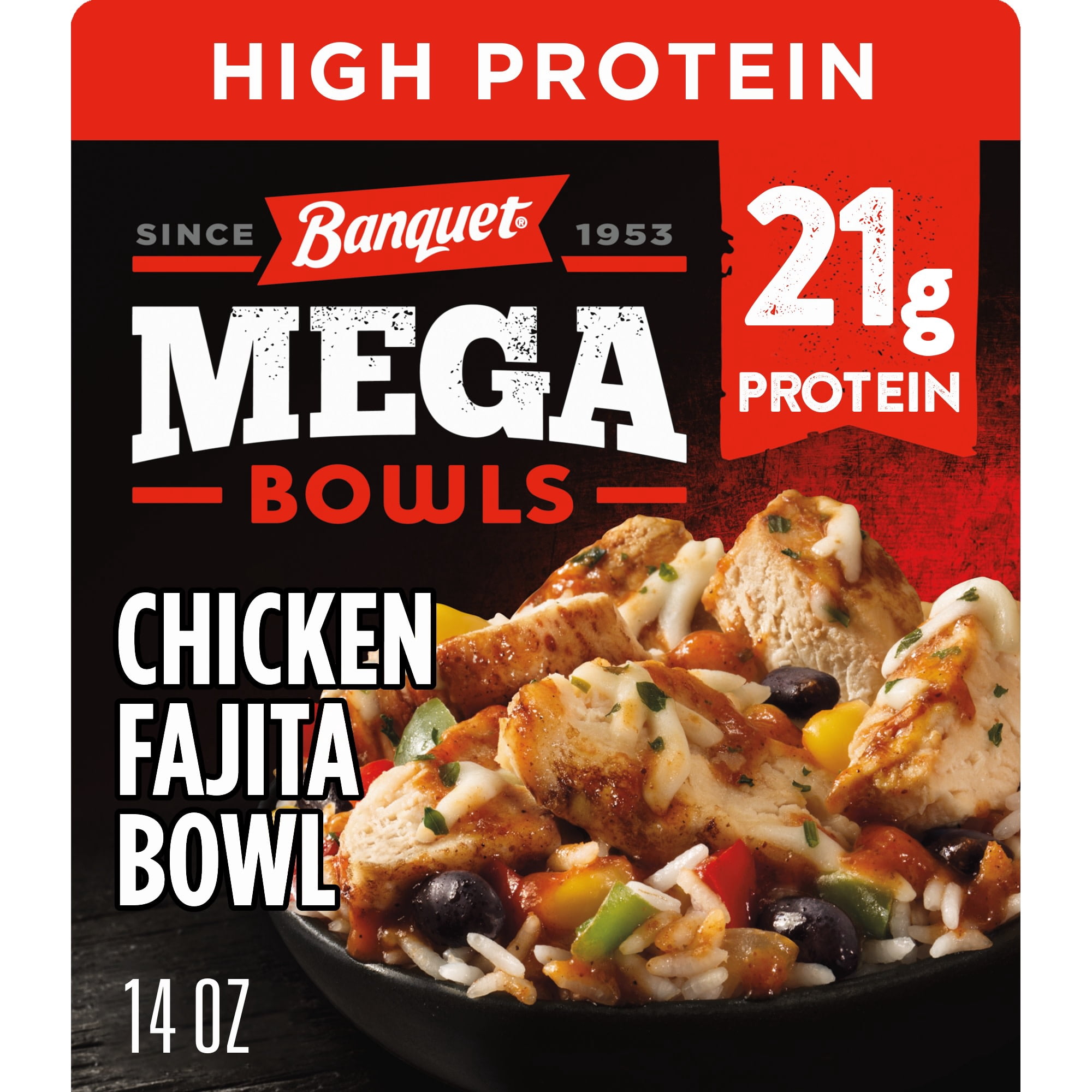 Banquet MEGA Bowls Chicken Fajita, 21g Protein, High Protein Frozen Meal, 14 oz.