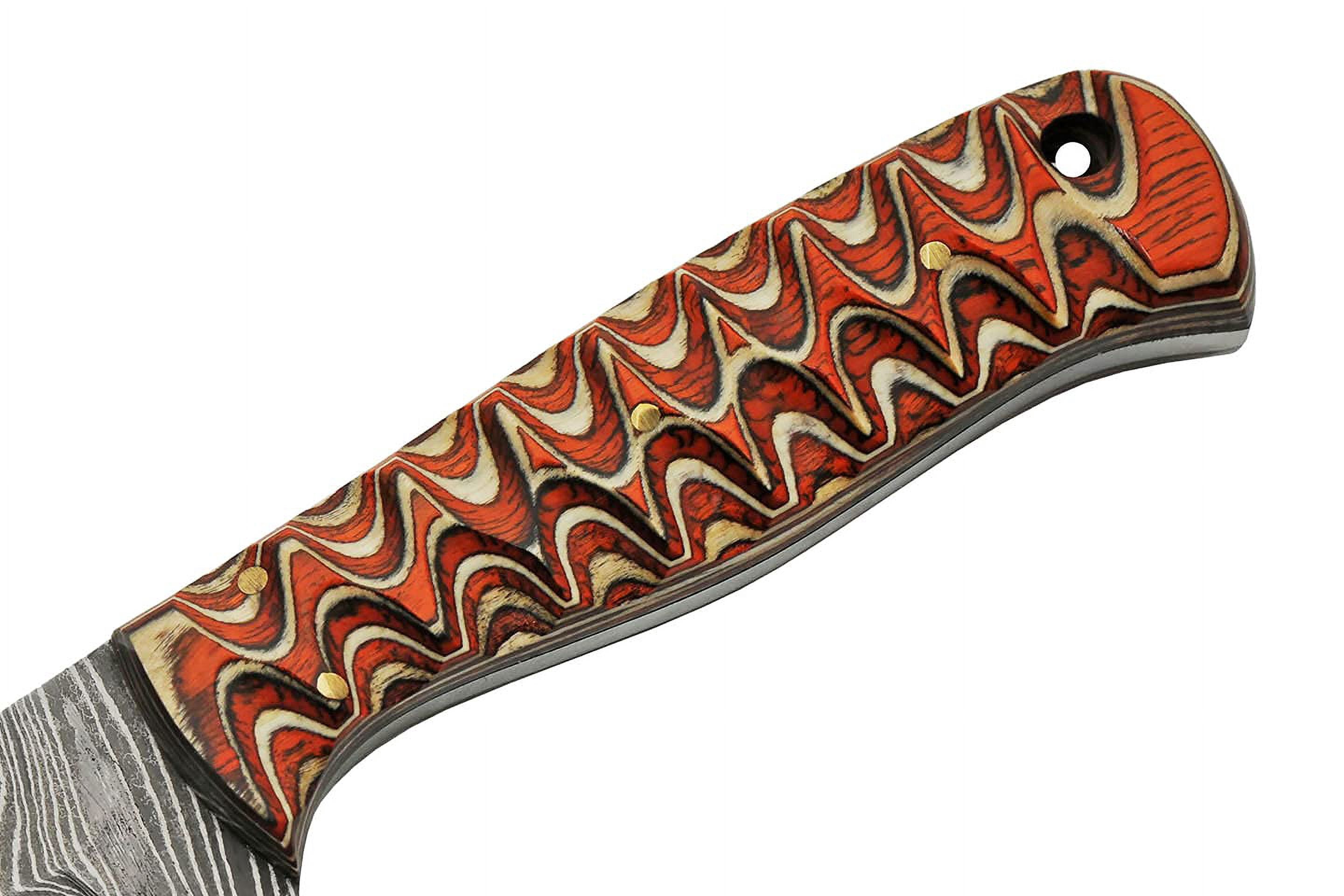 SZCO Supplies 8" Damascus Steel Fixed Blade Outdoor Knife with Twisted Orange Wood Handle and Leather Sheath