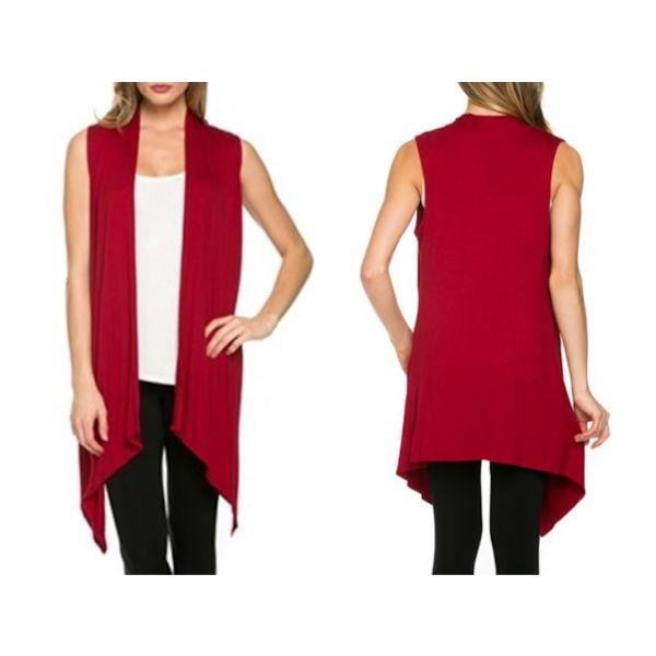 red sleeveless cardigan