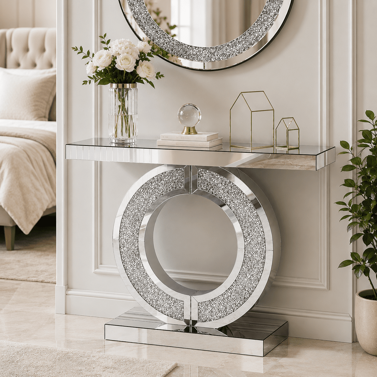 Aukfa 43" Mirrored Console Table, O-Shaped Crystal Inlay Entryway Table with Beveled Edges,Silver