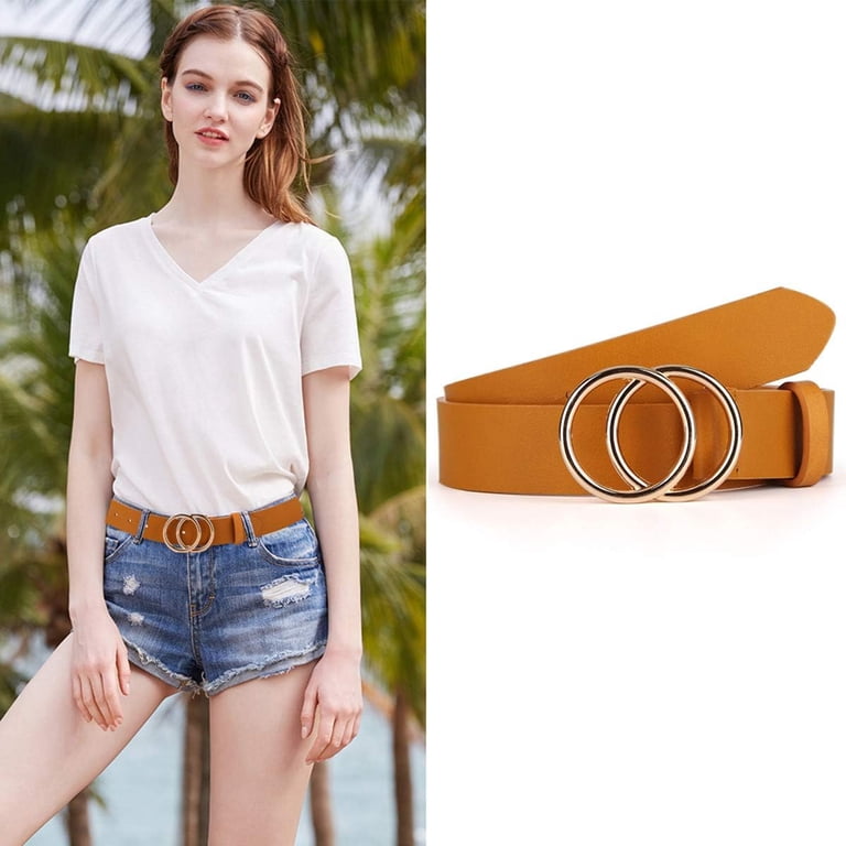 2 Women Belts for Jeans with Fashion Double O-Ring Buckle 