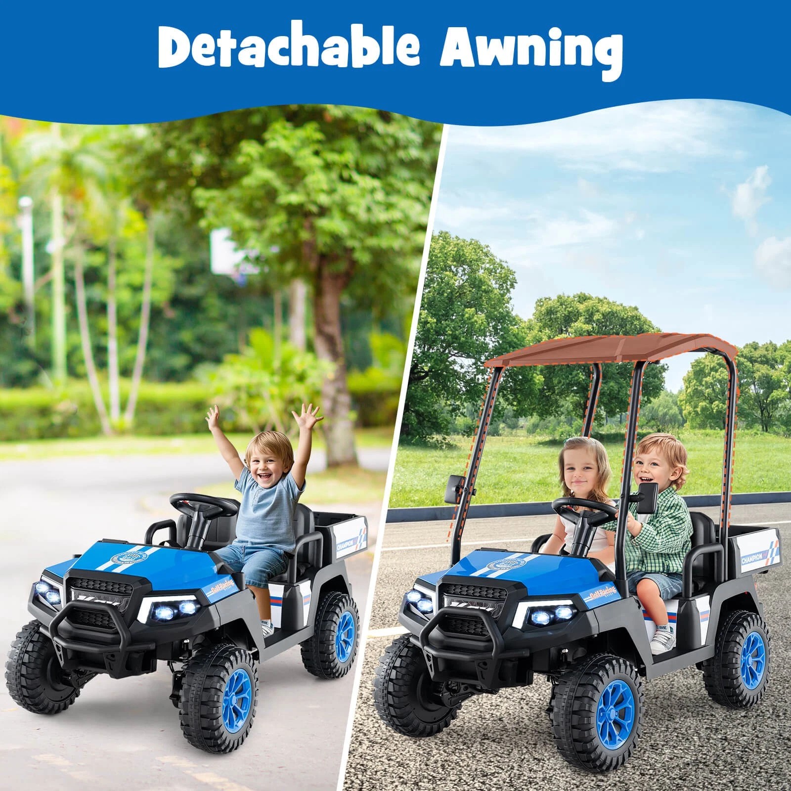 Exdeerjoy 24V 7AH Kids Golf Cart, 4WD 2 Seater Ride on Car w/Sun Shade, Storage & Remote Control, Battery Powered Vehicle