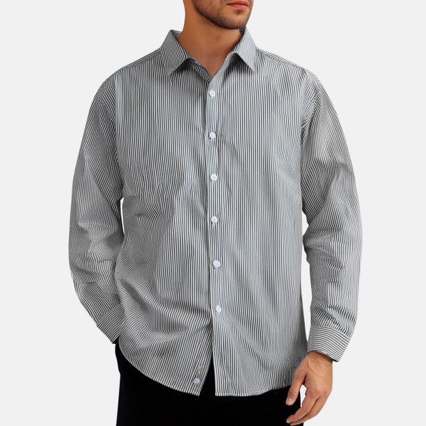 Blusa y camisa de manga larga con cuello vuelto para hombre, blusa informal de moda a rayas con botones de solapa, blusa de manga larga, blusa de poliéster para hombre