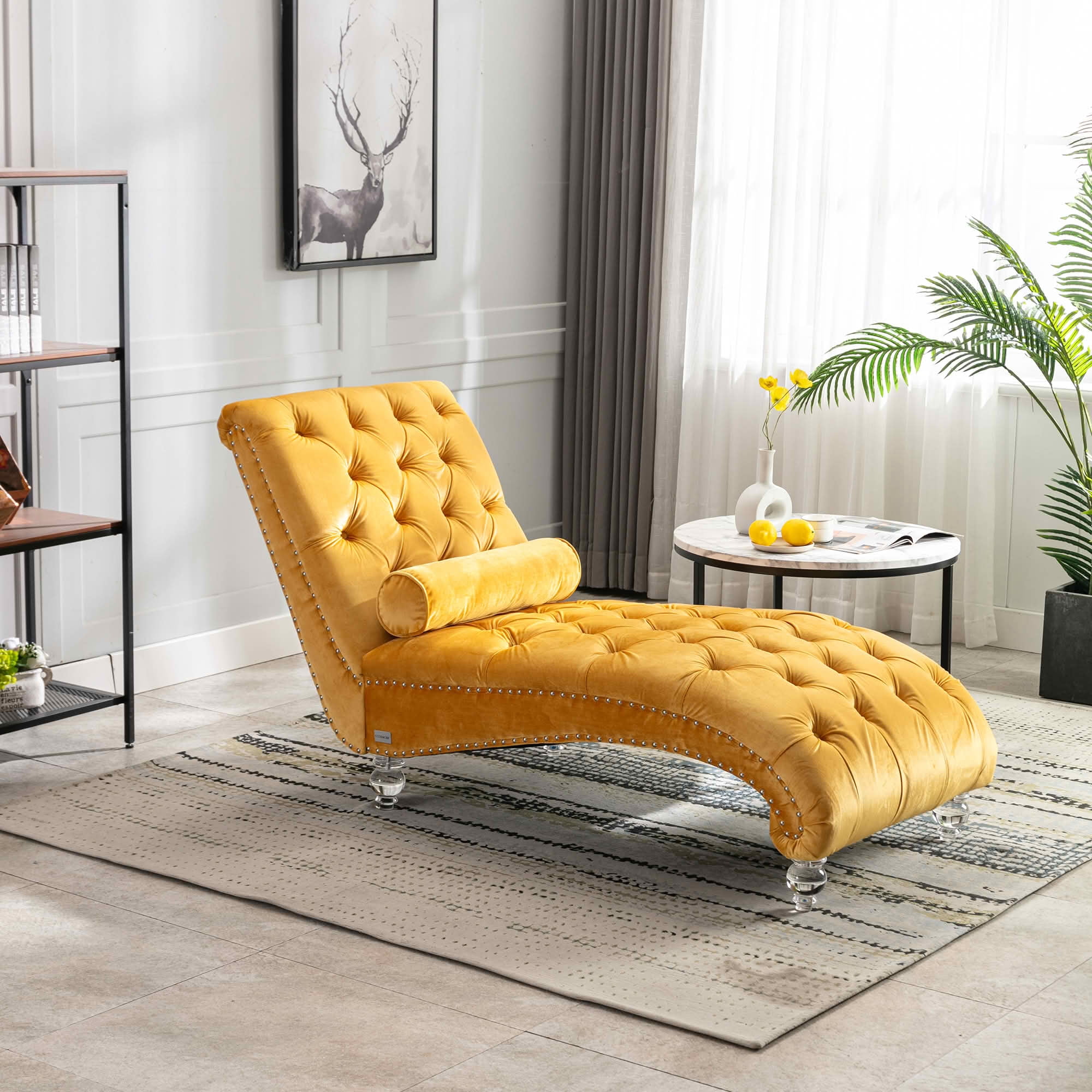 MAYEERTY Velvet Button Tufted Chaise Lounge with Pillow, Ergonomic S-Shape Indoor Lounge Chair with Wood Frame Acrylic Legs for Bedroom Living Room Office