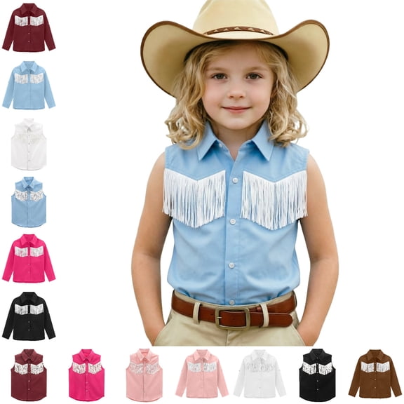 Cowgirl Shirt for Girls Retro Button Down Fringe Shirt Sleeveless Blouses Tops