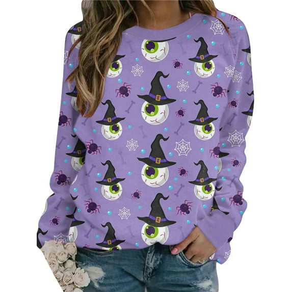 Gureui Women Casual Sweatshirts, Skull Ghost Cat Pumpkin Printed Round Neck Long Sleeve Fashion Halloween Pullover Tops