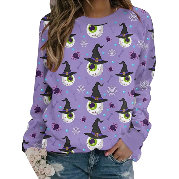 Txlixc Moda para mujer Camisa atlética de Halloween salvaje Calavera Fantasma Gato Calabaza con estampado de cuello redondo Jersey de manga larga Top Txlixc moda