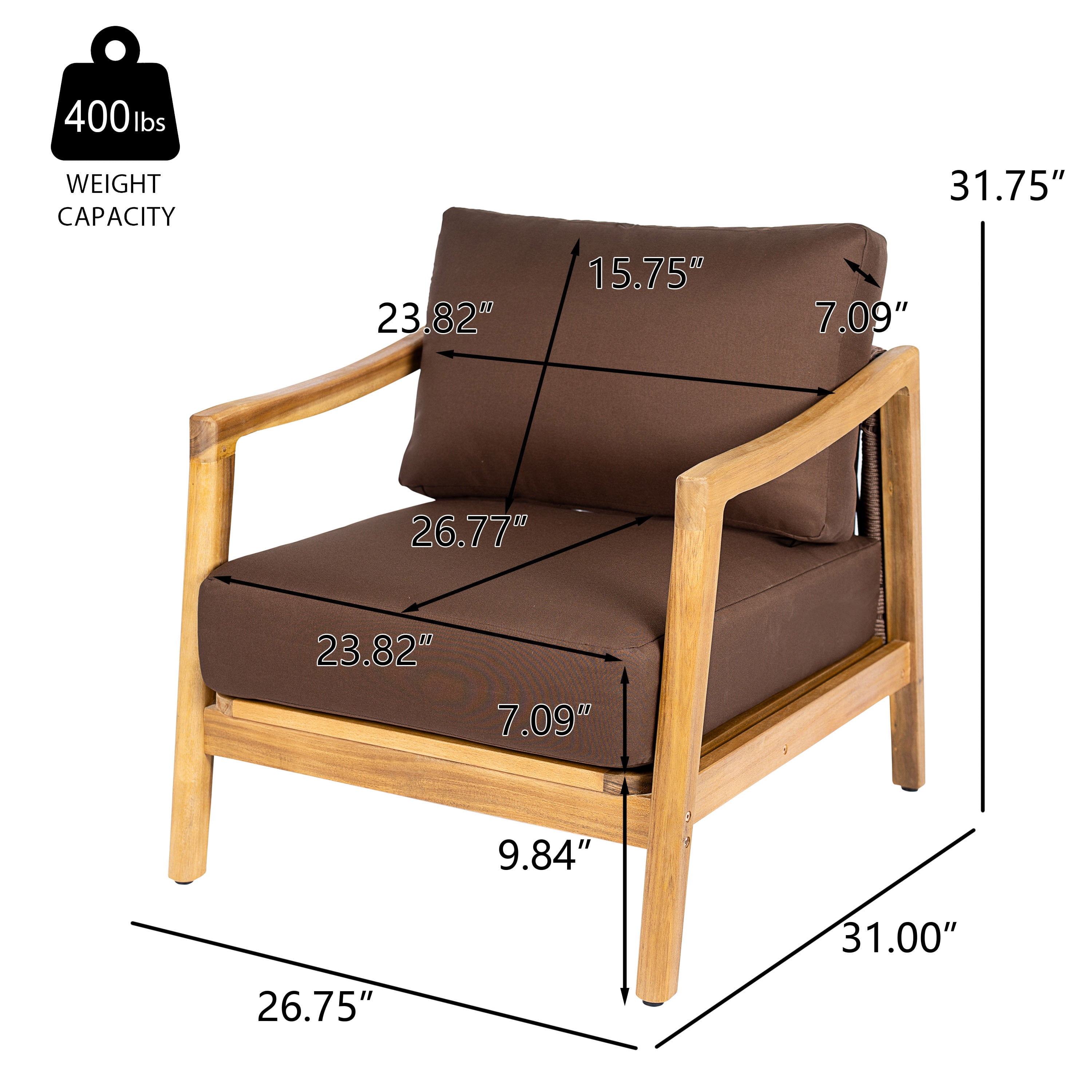 Club Chair, Outdoor Acacia Wood Frame Chair with Rope Back Detail Water-Repellent Brown Cushions, Teak