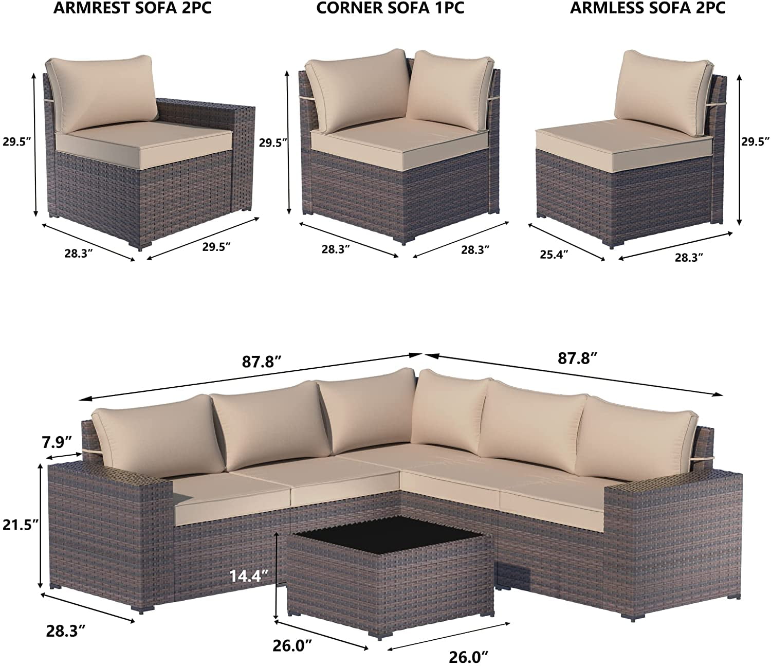Kullavik 6 Pieces Patio Furniture Sets All Weather Outdoor Sectional Sofa Manual Weaving Wicker Rattan Patio Conversation Set with Cushion and Glass Table (Sand)