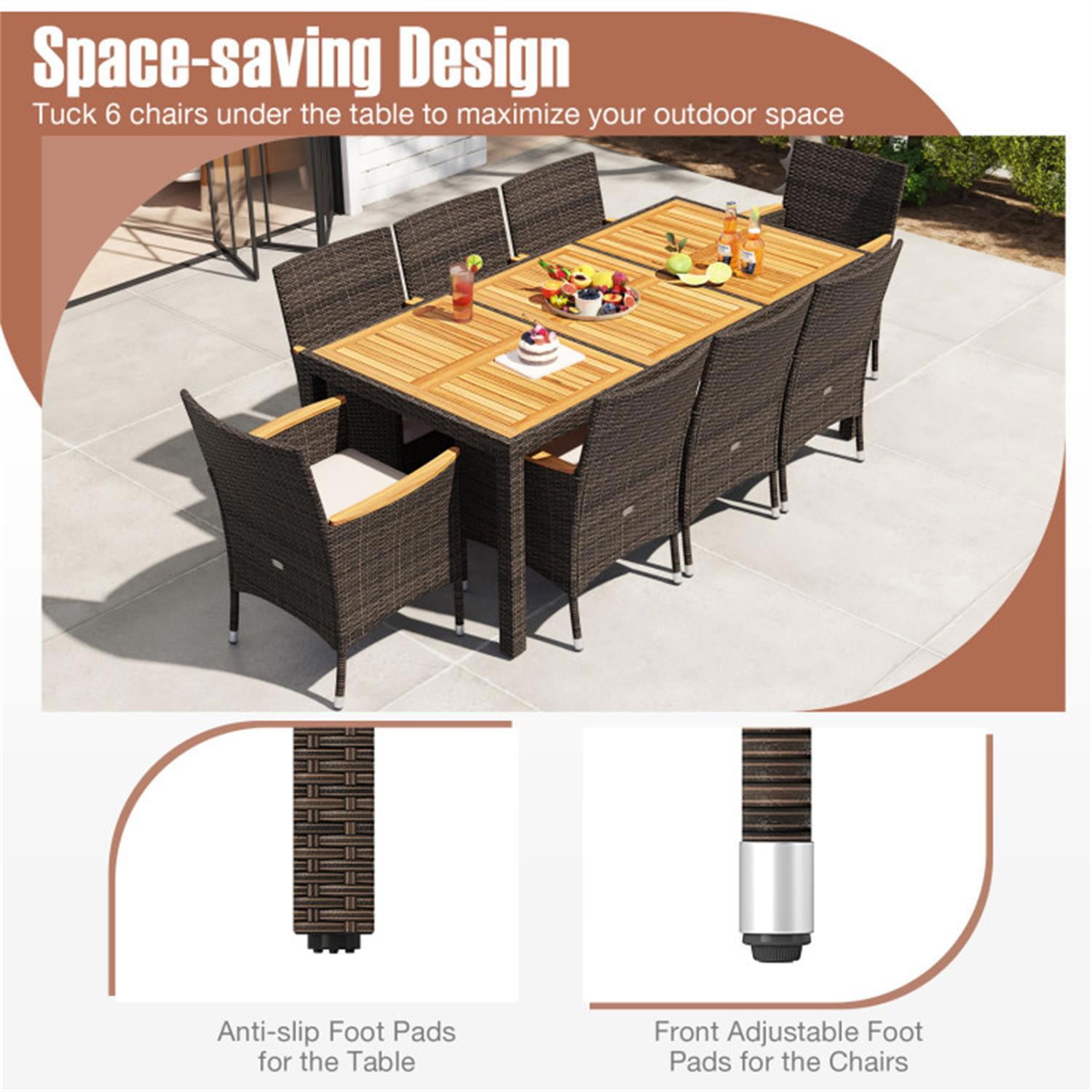 Demi Bonn 9 Piece Outdoor Dining Set with Acacia Wood Table Top, Patio Conversation Furniture Set for Balcony Patio Garden Poolside, Beige