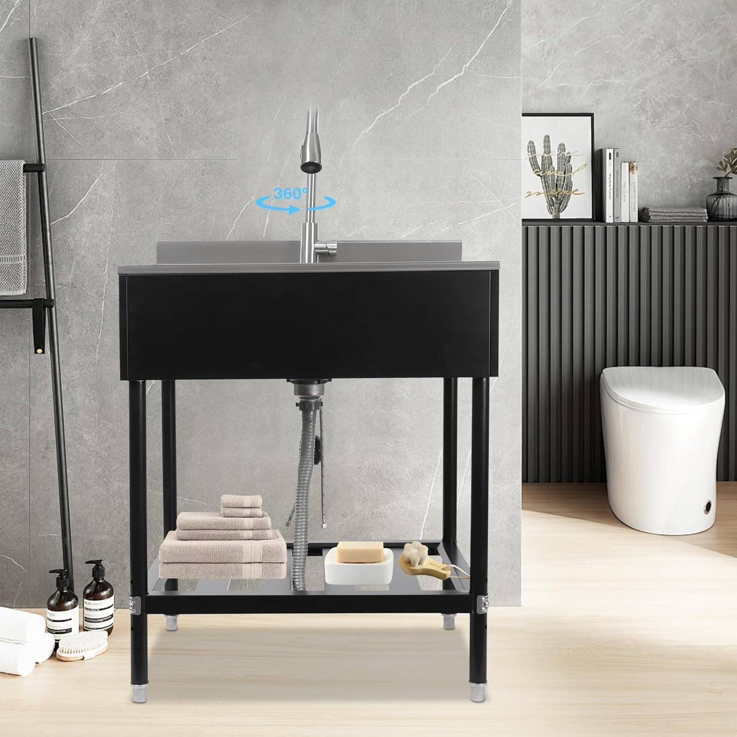 Utility Sink Free Standing Kitchen Sink w/Cold & Hot Faucet, 304-Stainless Steel Single Bowl Sink Laundry Outdoor Sink for Restaurant, Laundry Room, Bathroom Farmhouse (Black)