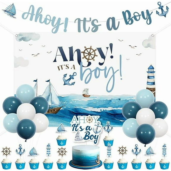 Ahoy Its A Boy Baby Shower Decorations Ahoy It's A Boy Backdrop Banner Nautical Baby Shower Cake Topper Ocean Navy Theme Party Sailor Birthday Ocean Sailing Sailboat Lighthouse Decor