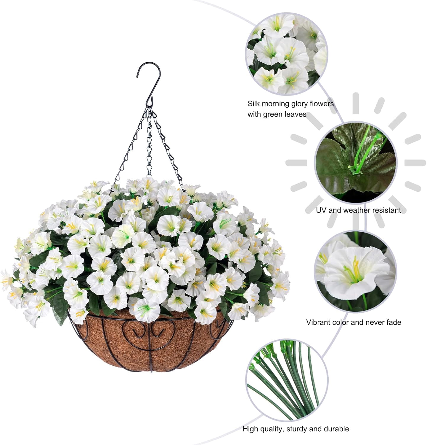 Artificial Fake Hanging Flowers Plants Baskets for Outdoor Outside Summer Decoration, Faux Silk White Morning Glory in Planter UV Resistant Realistic for Home Porch Patio Balcony Garden Yard