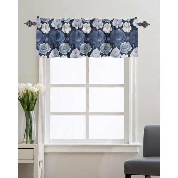 Kitchen Cafe Valance Curtain for Small Windows,Dark Blue White Blossom Flowers Rod Pocket Short Valances Pastoral Garden Floral Art Window Treatment Panel for Living Room/Bedroom/Bathroom,54x18in