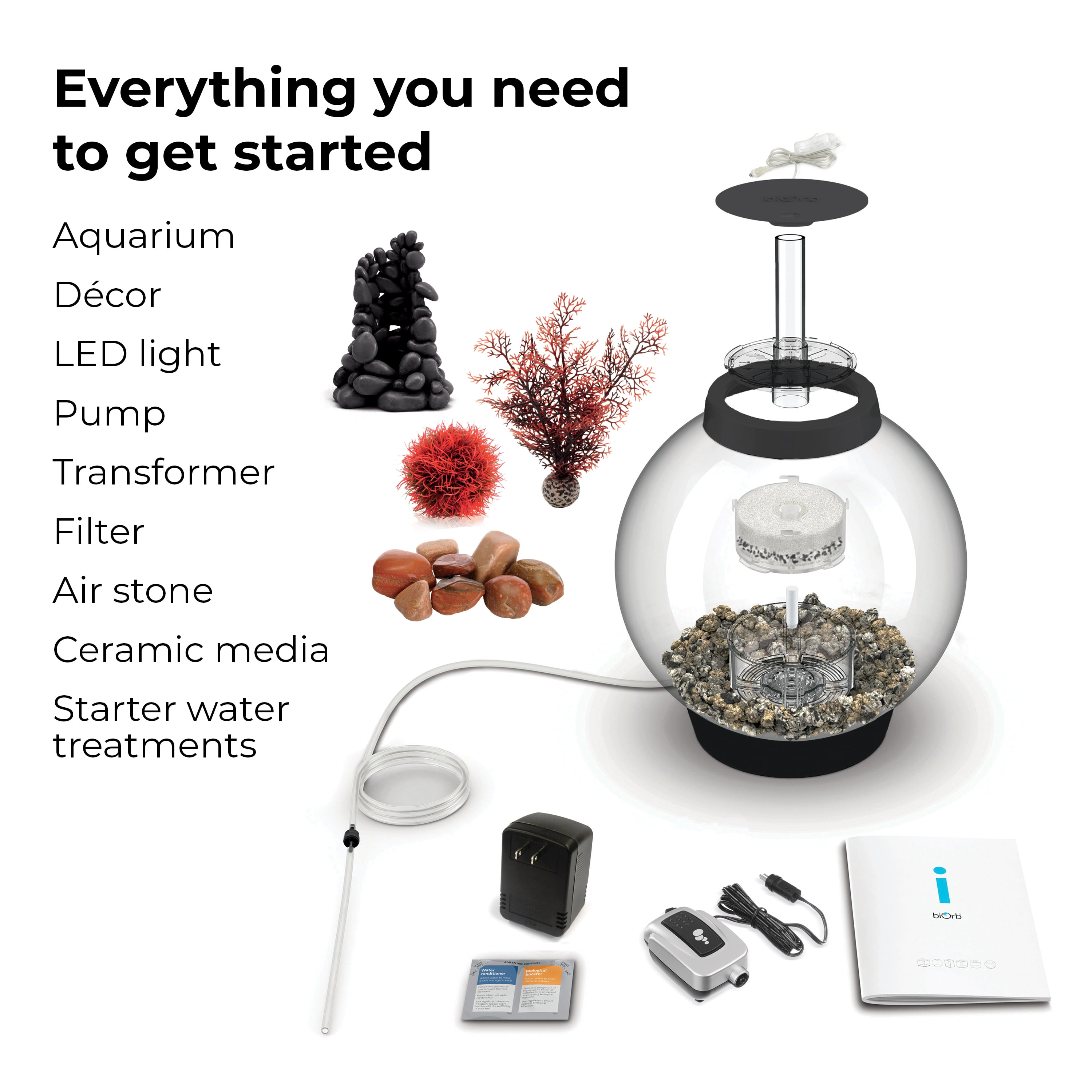 biOrb CLASSIC 15 Aquarium Set with LED Light - 4 Gallon, Black - Stone River Decor Included