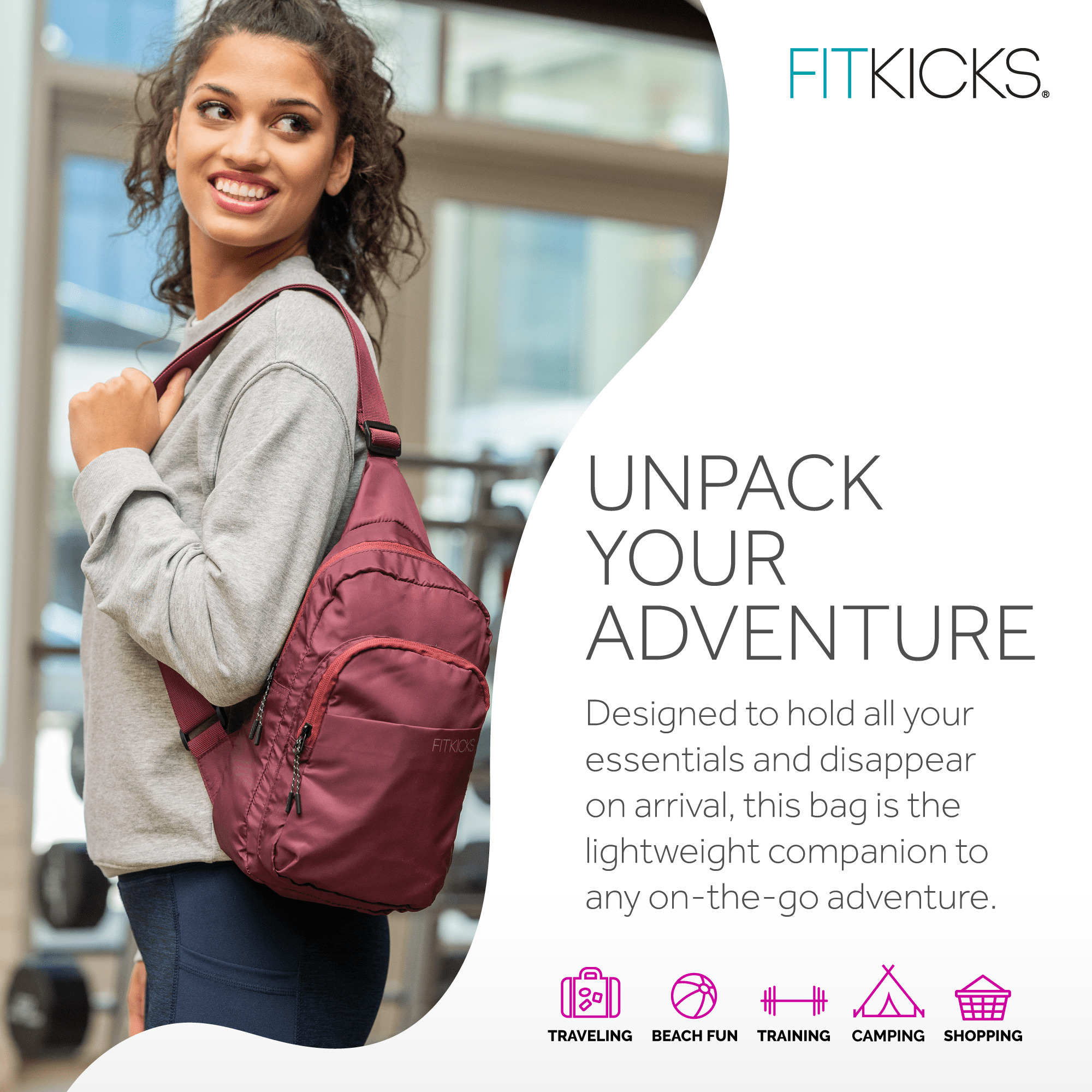 FITKICKS Hideaway Packable Sling Lightweight Crossbody Bag, Burgundy (Unisex)