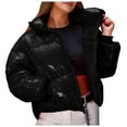 thumbnail image 5 of VNKIDY Women's Coat Autumn Winter Solid Color Shiny Puffer Crop Jacket Long Sleeve Zipper Sleek Style Coat For Casual Daily Streetwear Activities Relaxed Fit Outerwear, 5 of 7
