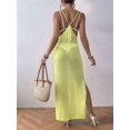 thumbnail image 5 of Womens Crochet Knit Sheer Summer Backless V Neck Side Slit Bathing Suit Cover Up Midi Dress Yellow&Green One Size, 5 of 6