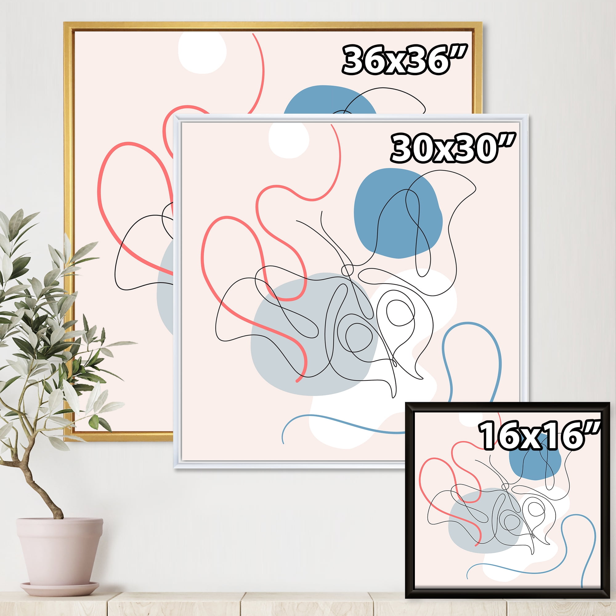 Designart 'Butterfly With One Line Drawing On Cubism Shapes II' Modern Framed Canvas Wall Art Print