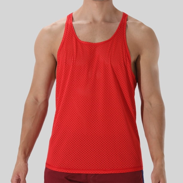 pstuiky Camisetas sin mangas para hombre, Camiseta de cuello redondo sin mangas de malla de color liso para hombre Tops elegantes para mujer s