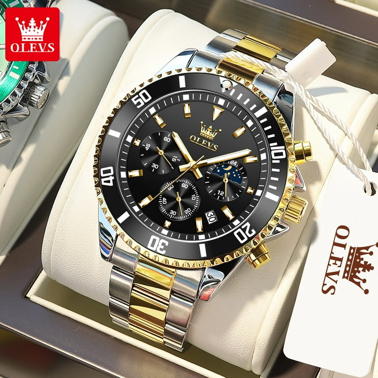 OLEVS Chronograph Watches for Mens 42.5mm Outdoor Watch Gold Silver Tone Stainless Steel Strap Black Dial Mens Watch 2870