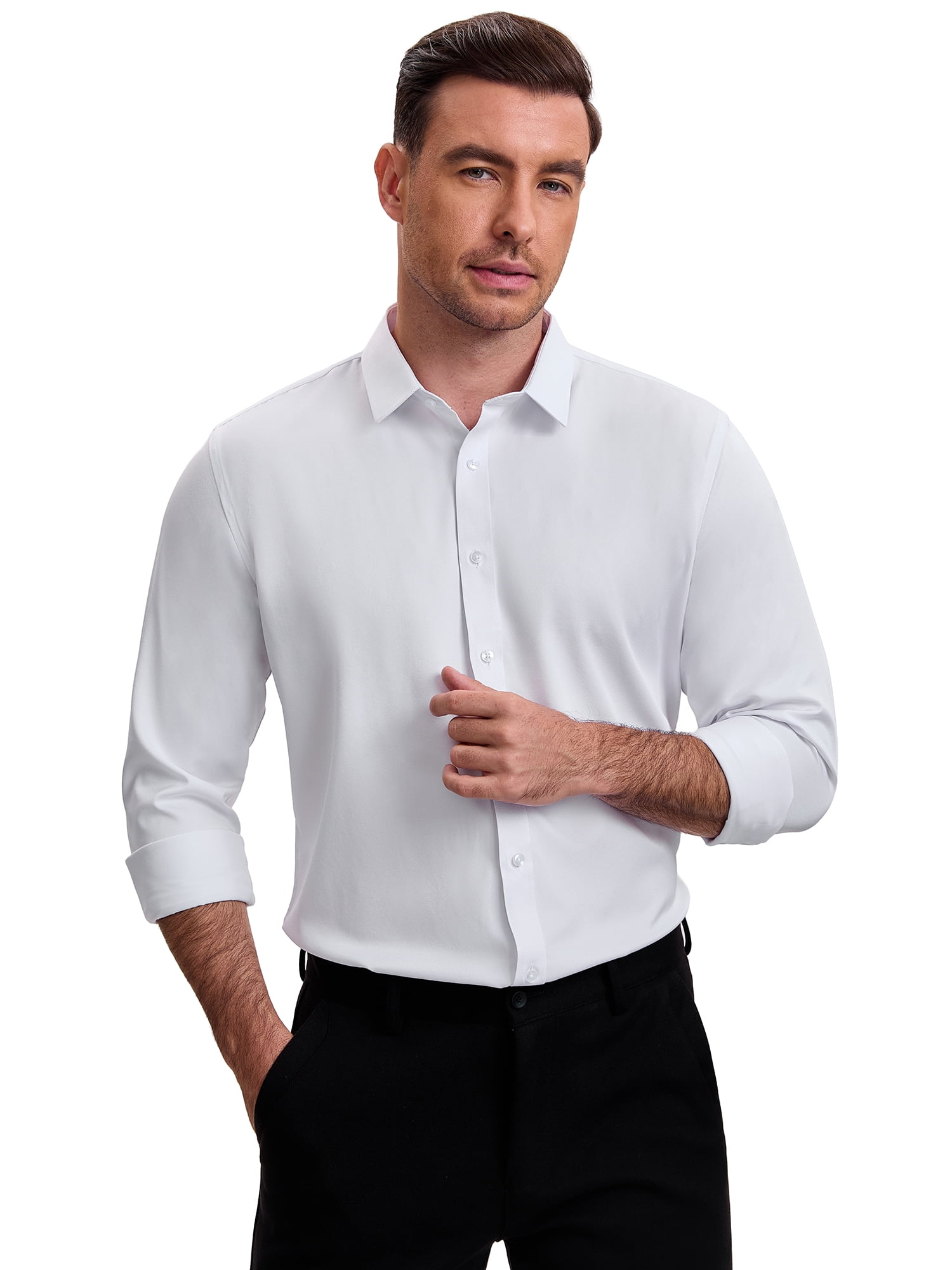 DARING DIVA Men's Point Collar Long Sleeve Button Down Formal Shirts XL White