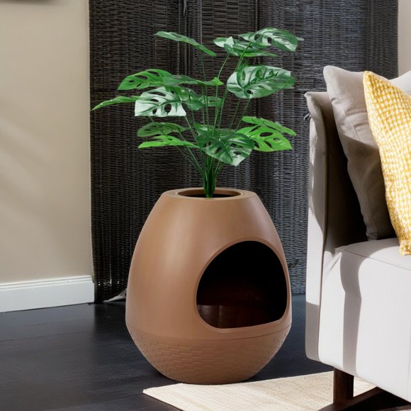 Pefilos 36" Plant Litter Box Set, Hidden Cat Litter Box with Artificial Plants, DIY Egg-Shaped Litter Box Furniture, Brown