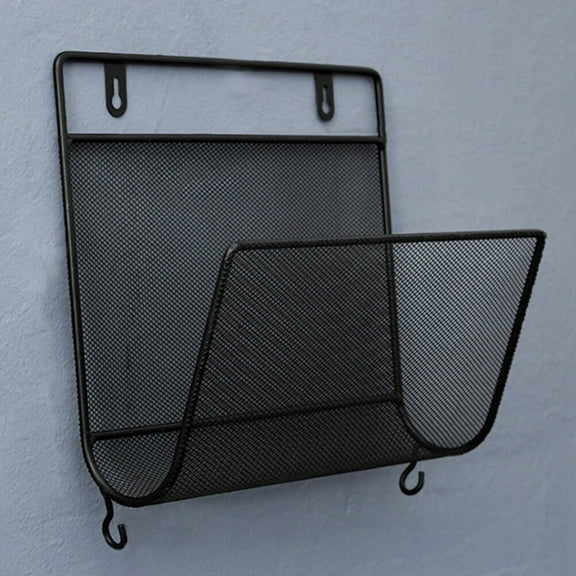Yuangui Nordic Style Wall Mounted Rack Iron Bended Mesh Magazine Carrier Shelf Creative Book Album Holder with Small Hooks for Home Office Shop (Black)