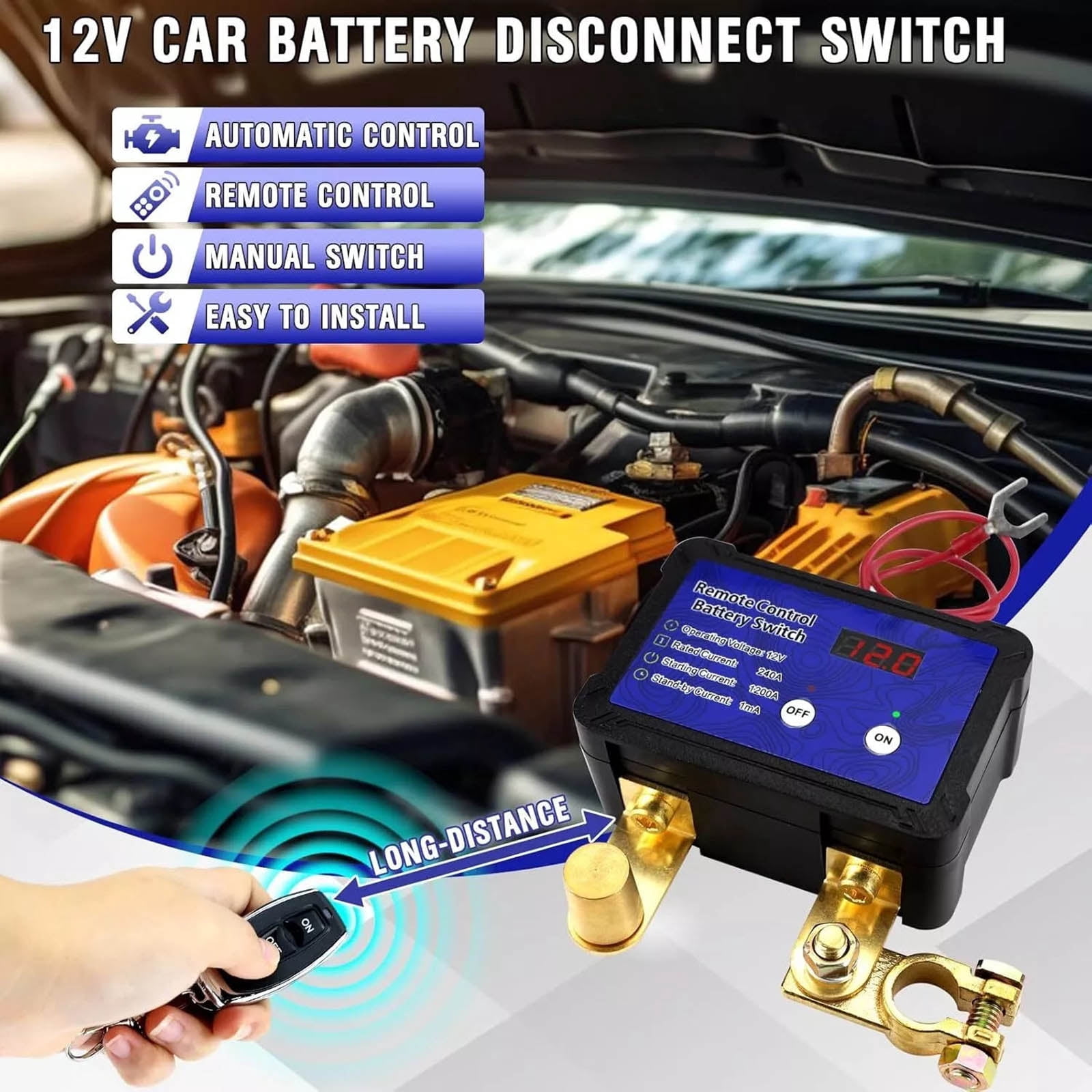 CSYANXING 12V Remote Control Car Battery Kill Switch 240A with LED Voltage Auto Disconnect to Prevent Battery Drain