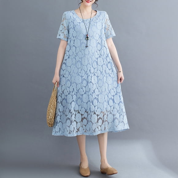 2024 Summer New Office Lady Woman Dress Vestidos Robe Ete Femme Elbise Loose Short Sleeve Lace Long Dresses