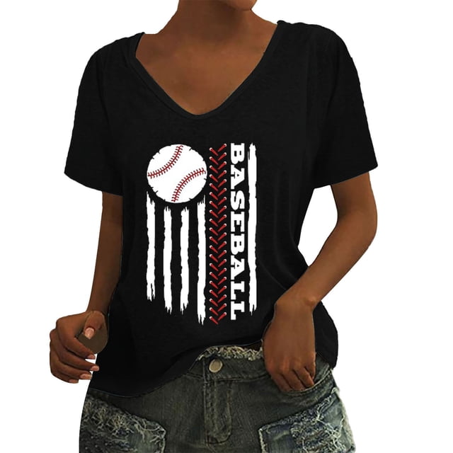 T-Shirt à Manches Courtes pour Femmes en Liquidation T-Shirt en Chiffon pour Femmes T-Shirt de Baseball Imprimé Lettres de Baseball Col en V Manches Courtes
