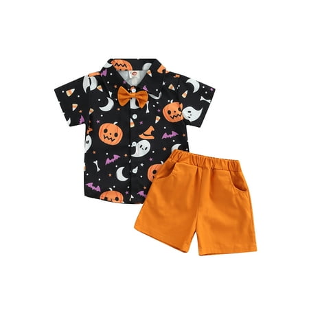 

Toddler Baby Boy Halloween Outfits Pumpkin Lapel Button Down Shirt Tops Shorts Pants with Bowtie Set