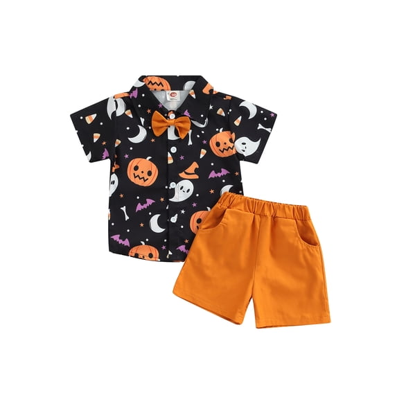 Qiylii Kids Boys Halloween Shorts Outfits Set, Short Sleeve Ghost/Pumpkin Print Shirt + Elastic Waist Shorts + Bowtie,9M-5Years