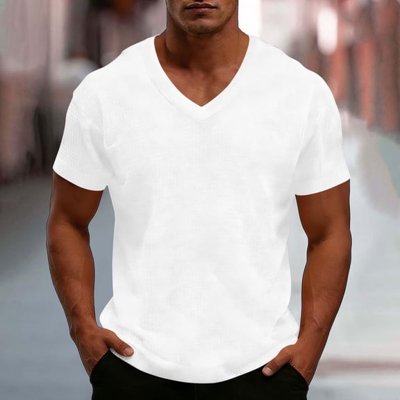 MORESEC Summer Holiday Mens Plus Size V Neck Short Sleeve T-Shirt Casual Basic Tee Solid Color Tops Vacation Fashion Clothes, White 5XL