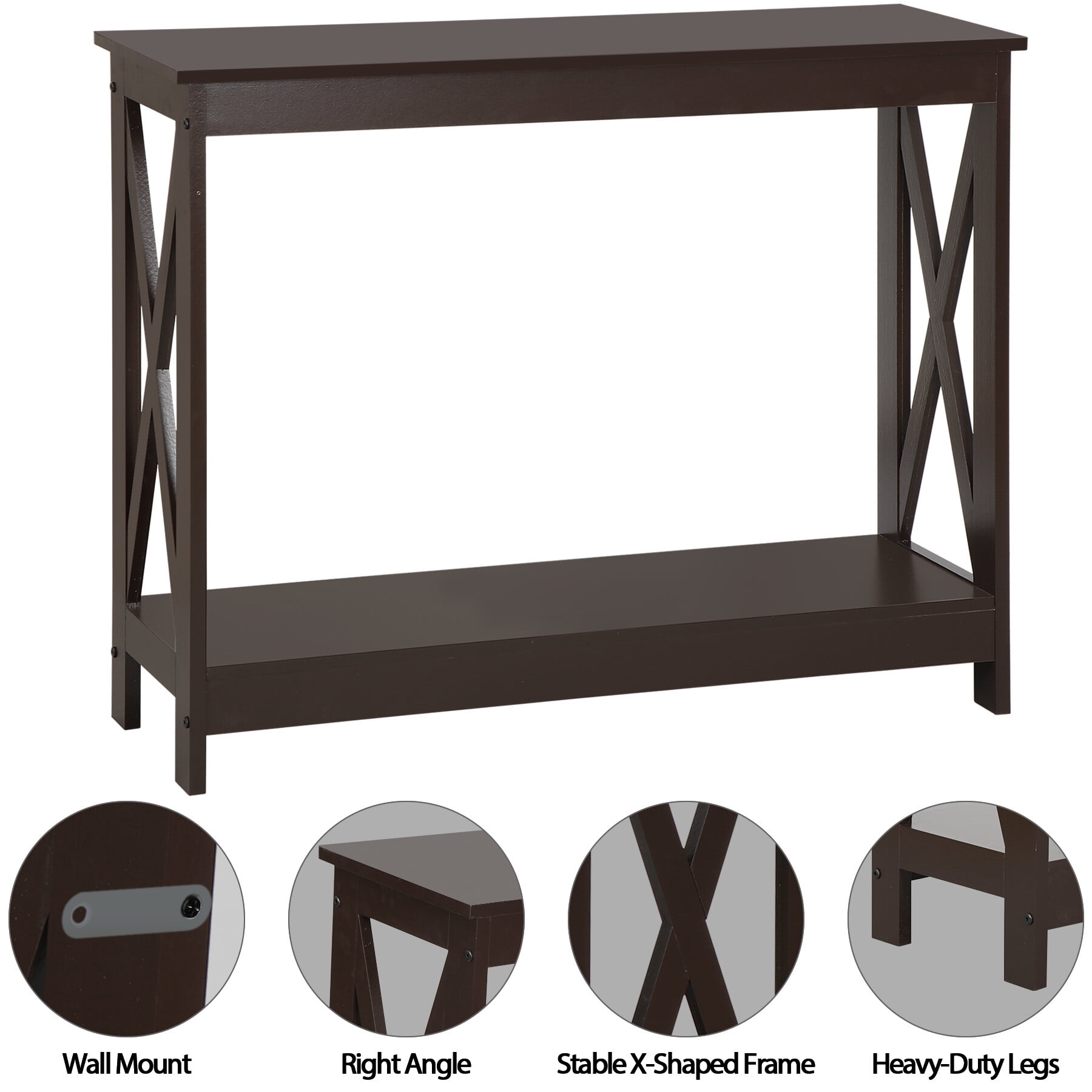 SuperDeal Dark Brown Console Table 2-Tier MDF Entryway Table X-Design Storage Display Shelf Indoor