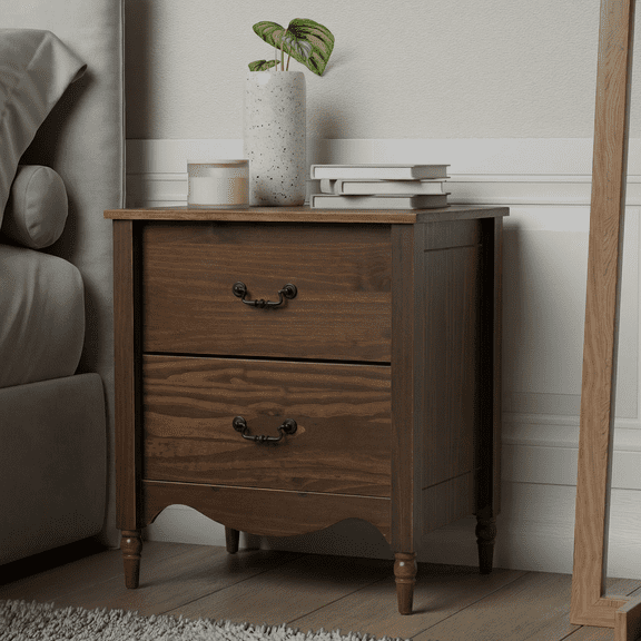 Brixton Solid Wood 2 Drawers Nightstand Walnut - for Adults ans Teens