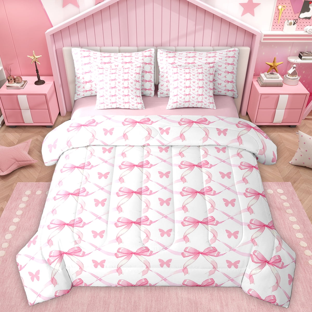 Homewish Princess Bowknot Girl Twin Bedding Sets 7-Piece Kawaii Pink Butterfly Bedding Comforter Set Cartoon Ribbon Bow Reversible Sheet Sets Ultra Soft Bedroom Decor
