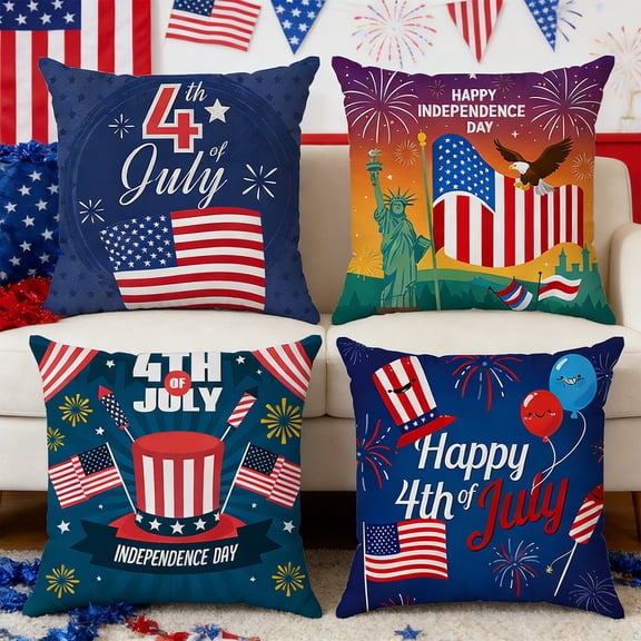 Boovnll 4th of July Pillow Covers 18x18 Inch Red White Blue Linen Patriotic Pillow Covers for Independence Day Memorial Day Home Sofa Couch Bed Decor, 4th of July Decorations