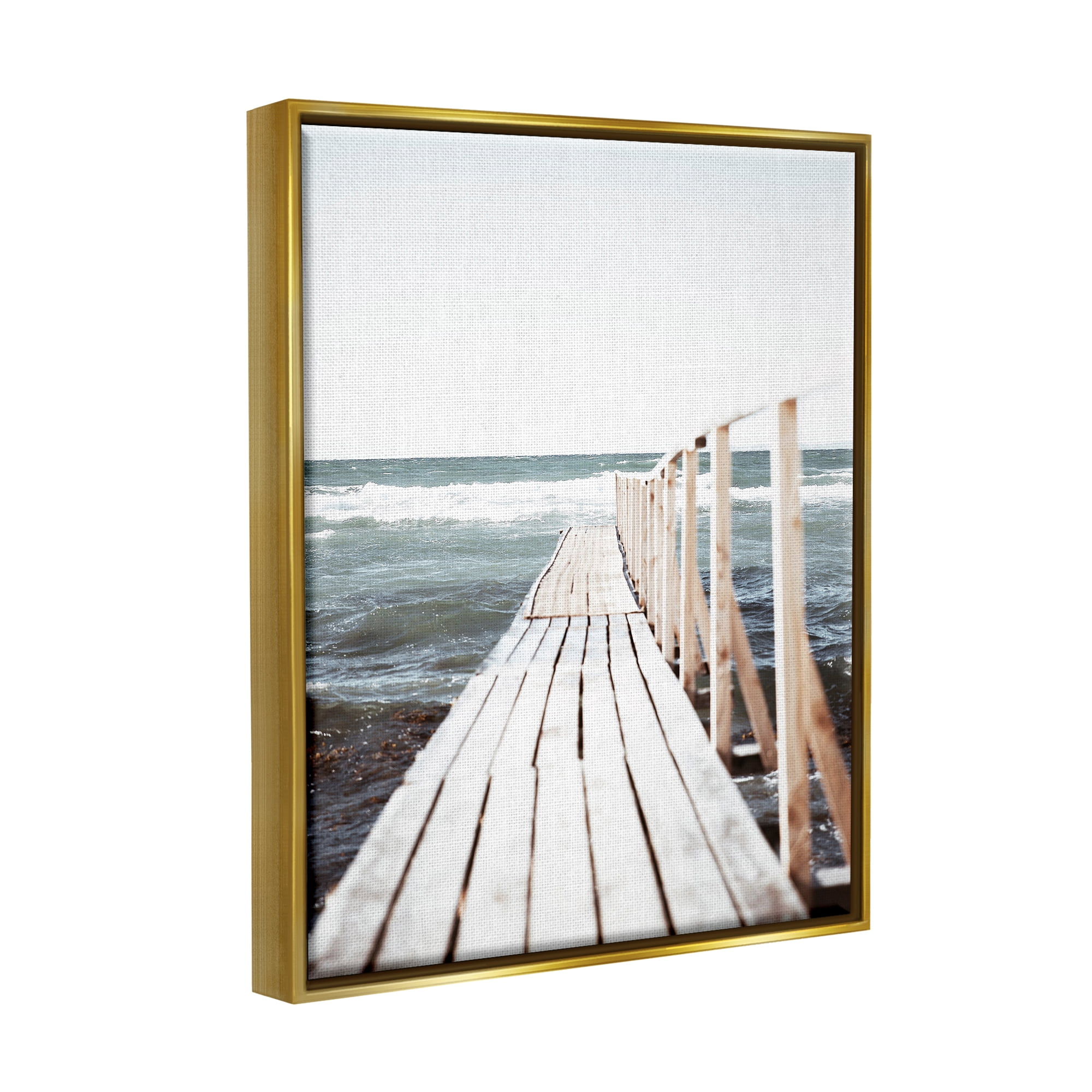 Stupell Industries Ocean Bay Dock Boardwalk Horizon Coastal Photography Gold Floater Framed Art Print Wall Art