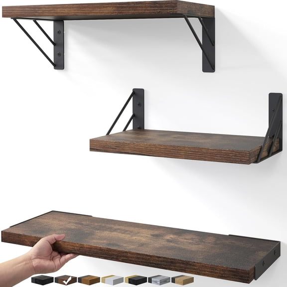 Rustic Wood Floating Shelves, Set of 3 Display Shelves for Wall Decor in Bedroom, Bathroom, Kitchen