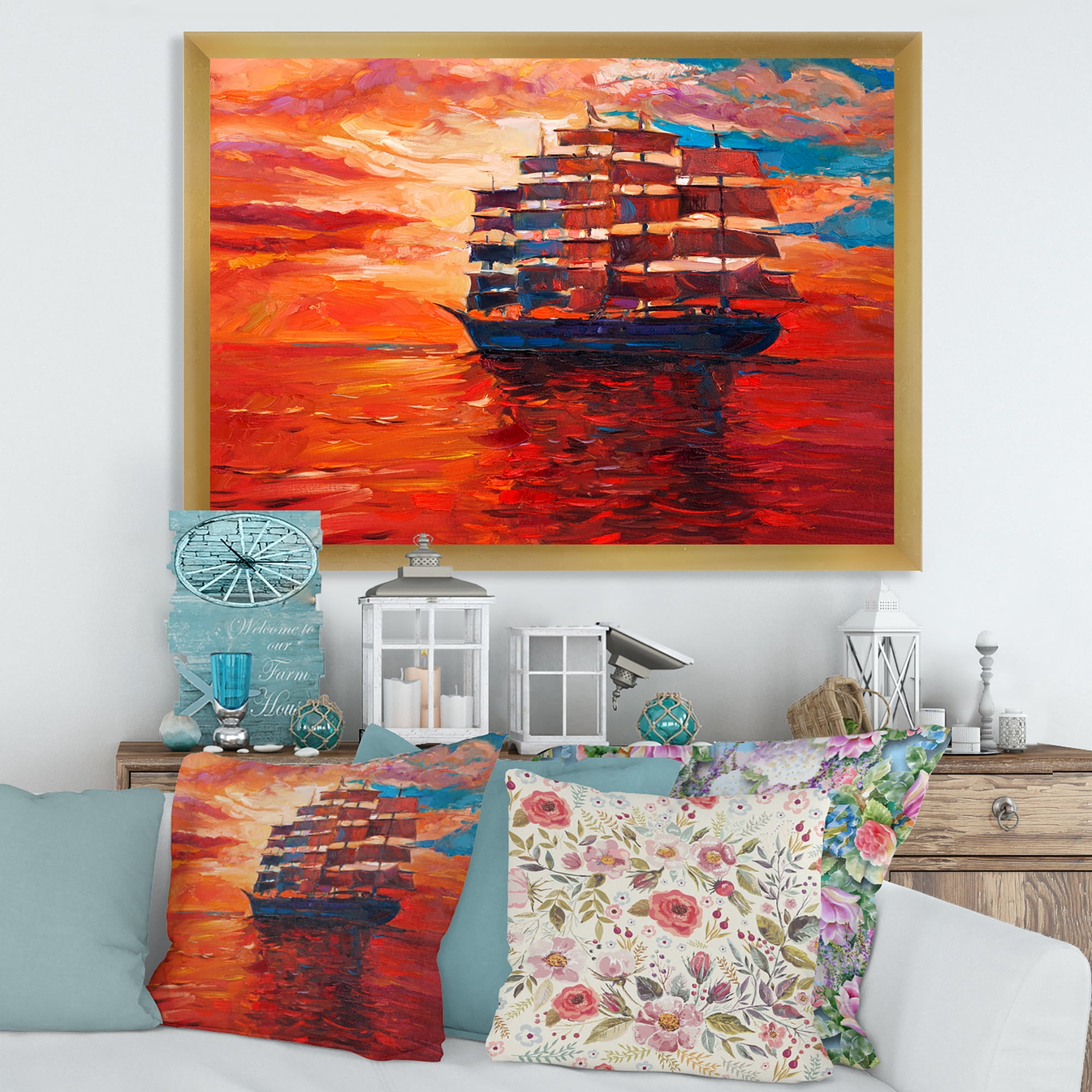Frigate During Red Evening Glow On The Ocean Horizon 20 in x 12 in Framed Painting Canvas Art Print, by Designart