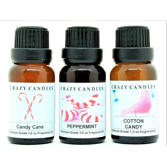 Crazy Candles 3 Bottles Set, 1 Candy Cane, 1 Cotton Candy, 1 Peppermint 1/2 fl oz Each (15ml) Premium Grade Scented Fragrance Oils