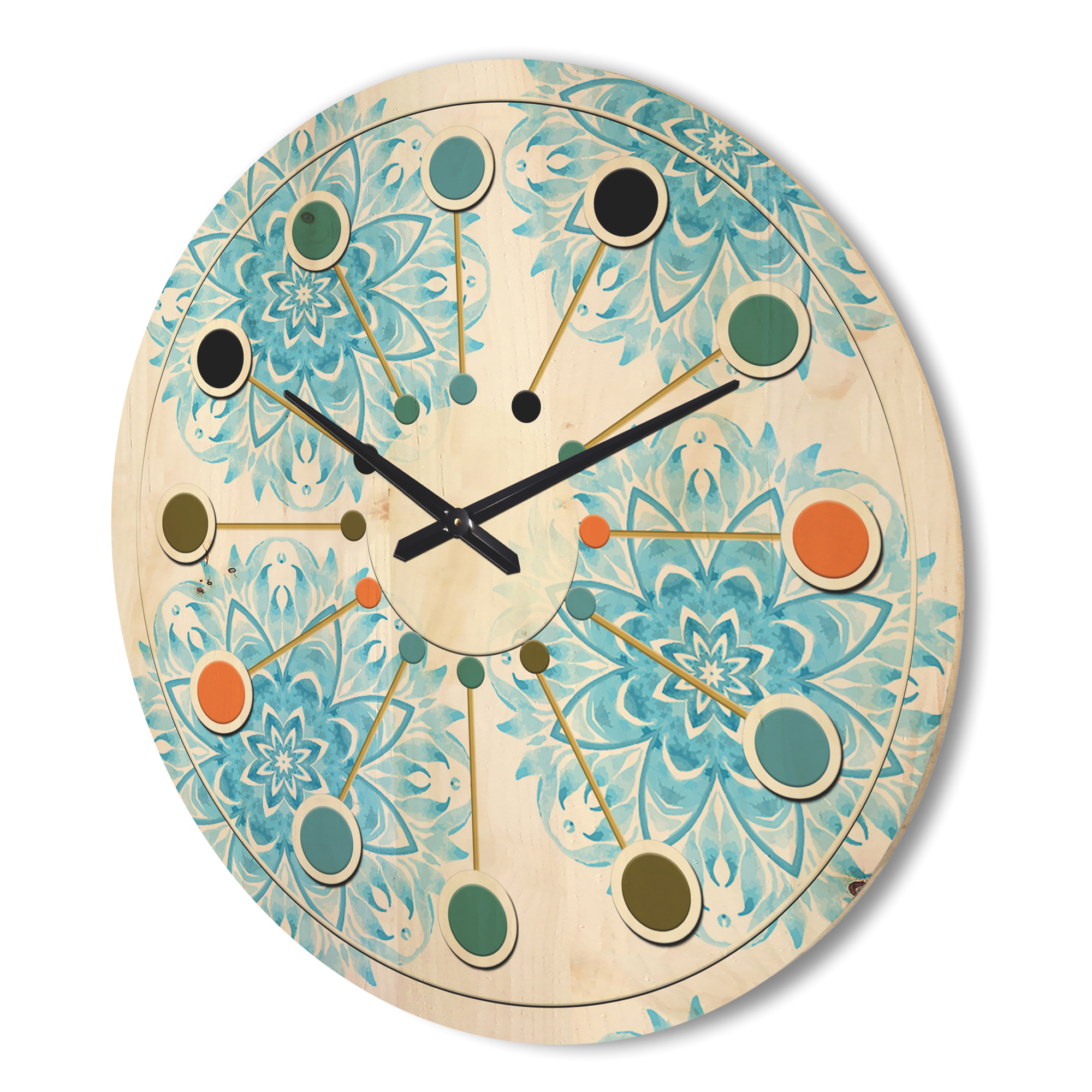 Designart 'Circular Retro Geometric In Blue' Mid-Century Modern Wood Wall Clock