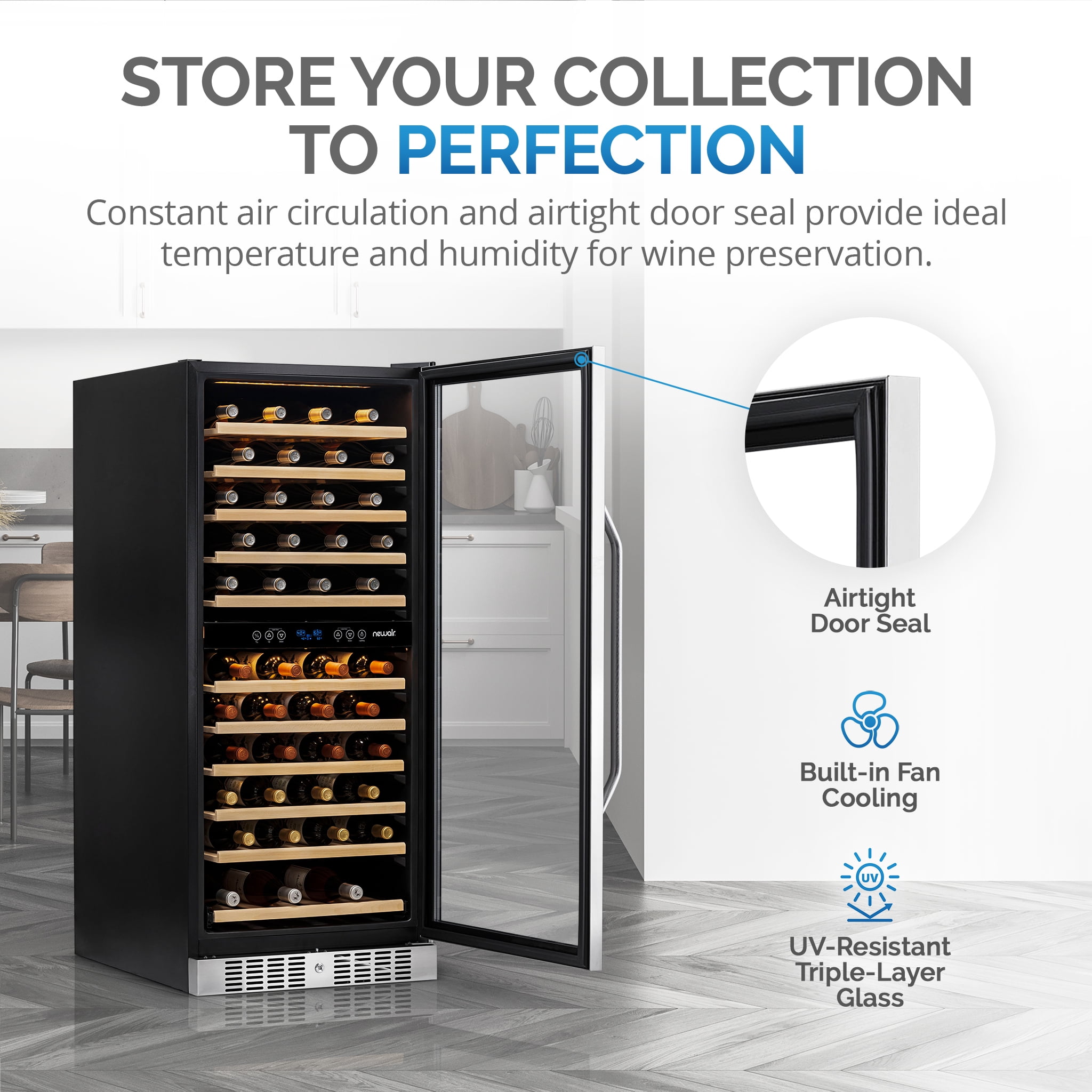 NewAir Dual Zone 116 Bottle Beverage Cooler with Beechwood Shelves, Stainless Steel