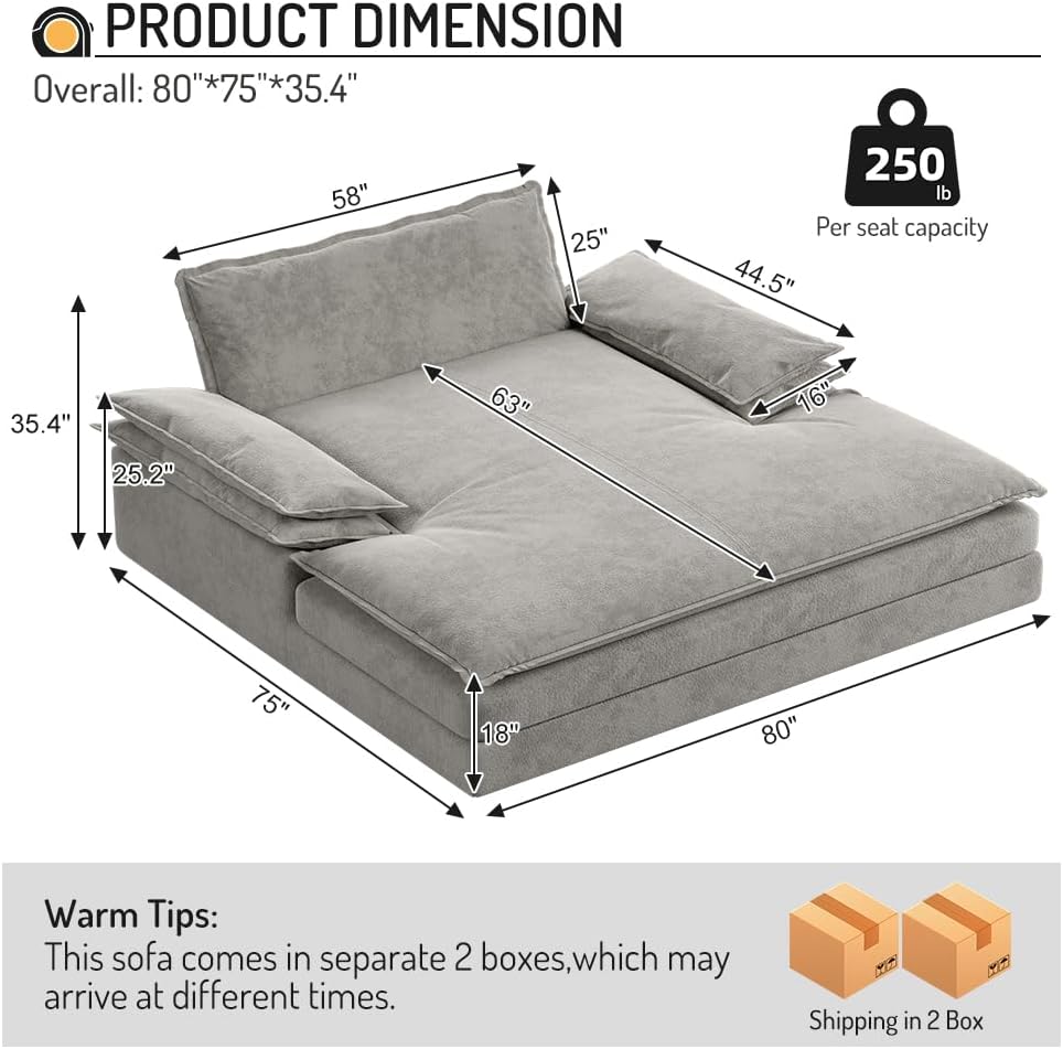 80'' Oversized Chaise Lounge Chair Indoor, Cloud Sofa Couch, Modern Deep Seat Recliner, Upholstered Chenille Sleeper Loveseat with Large Pillow Arms for Living Room, Apartment, Balcony, Grey