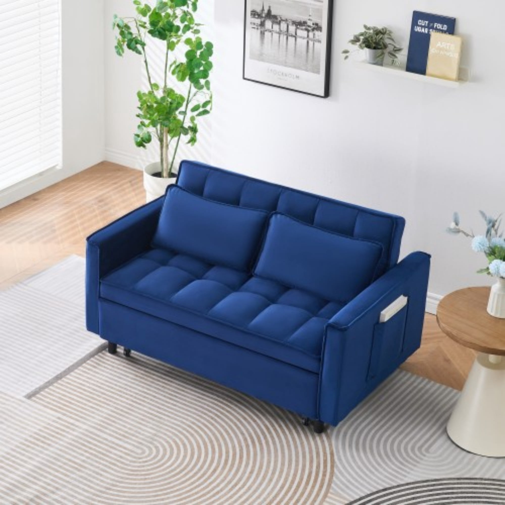 Velvet Loveseat Sofa Bed, 3-in-1 Convertible Sleeper Couch with Pullout Bed & Reclining Backrest, Blue