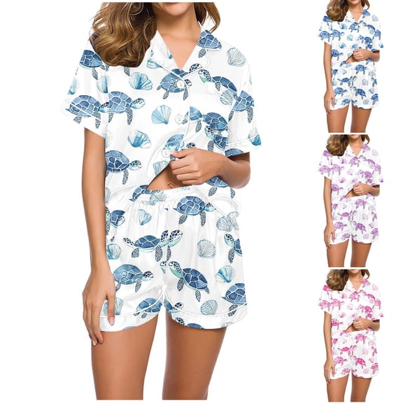 Dianli Pajamas Loungewear Turtle Print Lapel Short Sleeve Top And Elastic Waist Shorts Imitation Silk Fashion Casual Collar Set Lightweight Breathable Homewear Nightwear