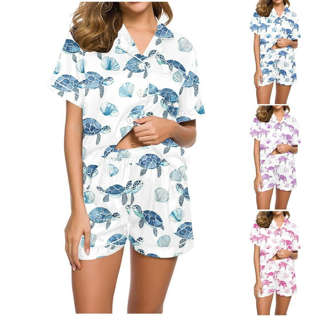 Sentmoon 2 Pcs Pyjamas pour Femmes Ensemble Col Femmes Vêtements de Nuit Manches Courtes Décontracté Extensible avec Imprimé Ensemble de Détente pour Femmes Décontracté pour Soirées Douillettes à m